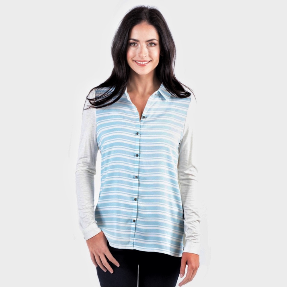 NWT De Collection Womens Size XL Blue Cream Stripe Long Sleeve Blouse
